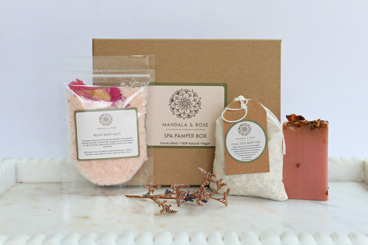 Mandala & Rose well-being hug spa pamper letterbox gift with bath salts, soap, bath tea, aromatherapy roller.